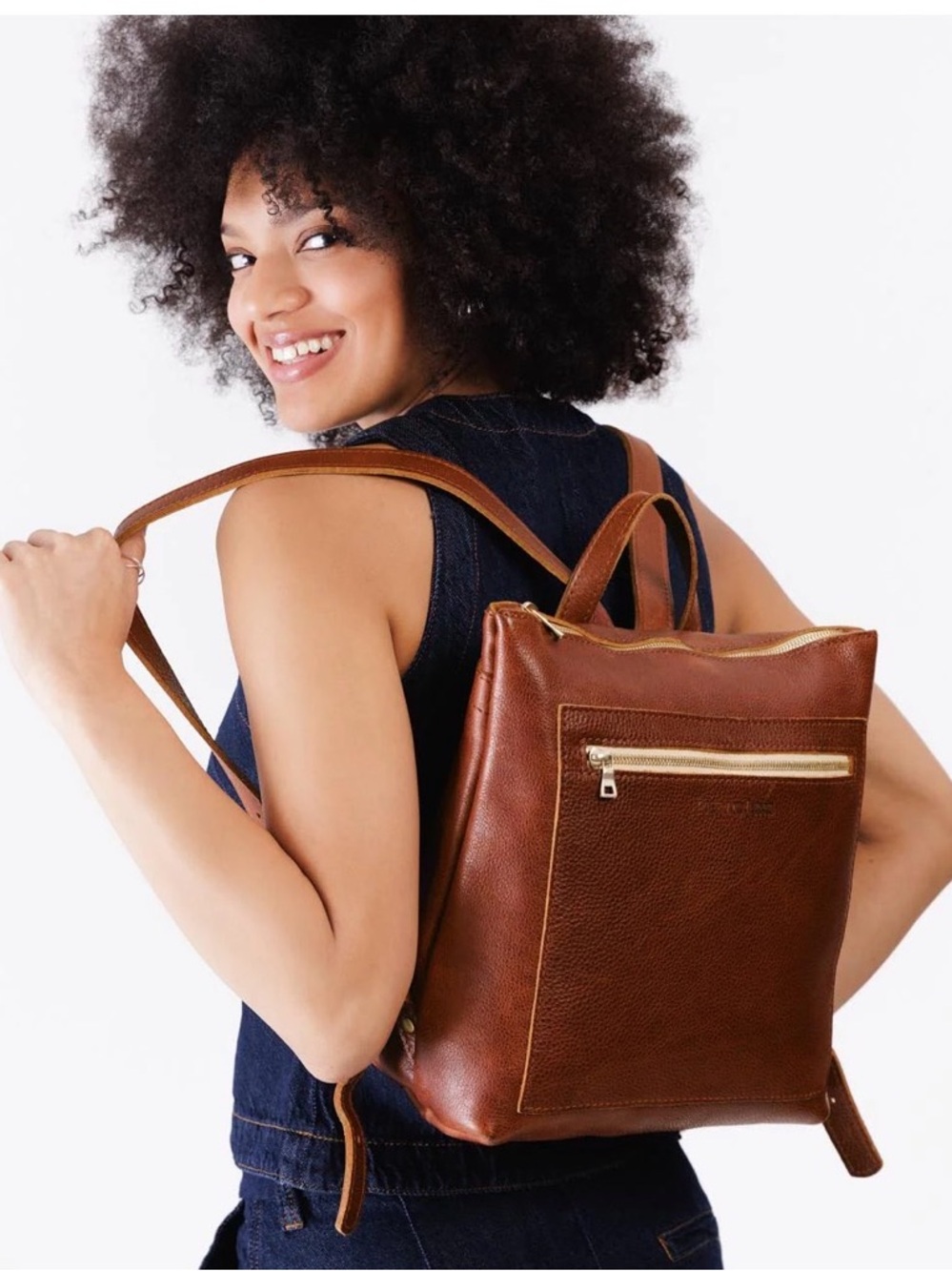 Pebbled Leather Backpack Tote in Chestnut Brown